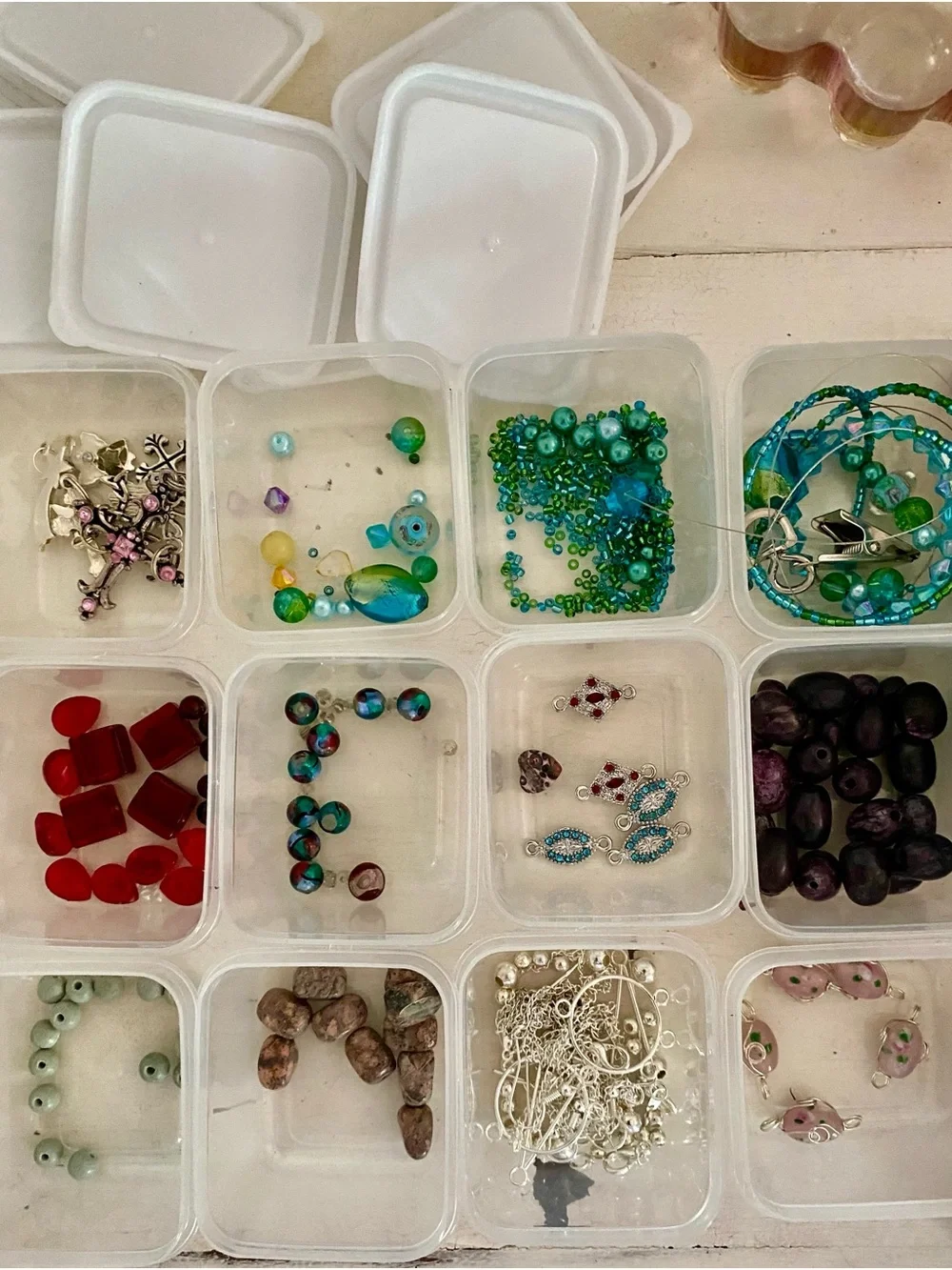 Clear Plastic Stackable Bead Storage Containers with assorted beads